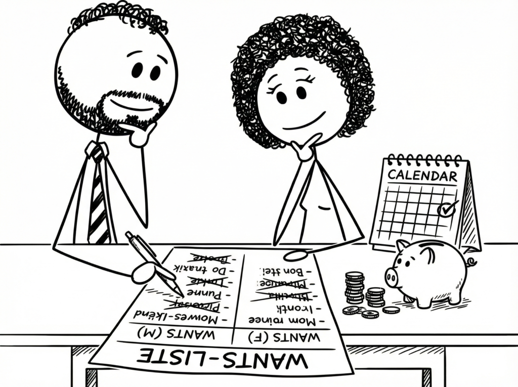 Paar bespricht gemeinsam Ausgaben und kontrolliert Wunsch-Ausgaben-Liste zur besseren Finanzplanung