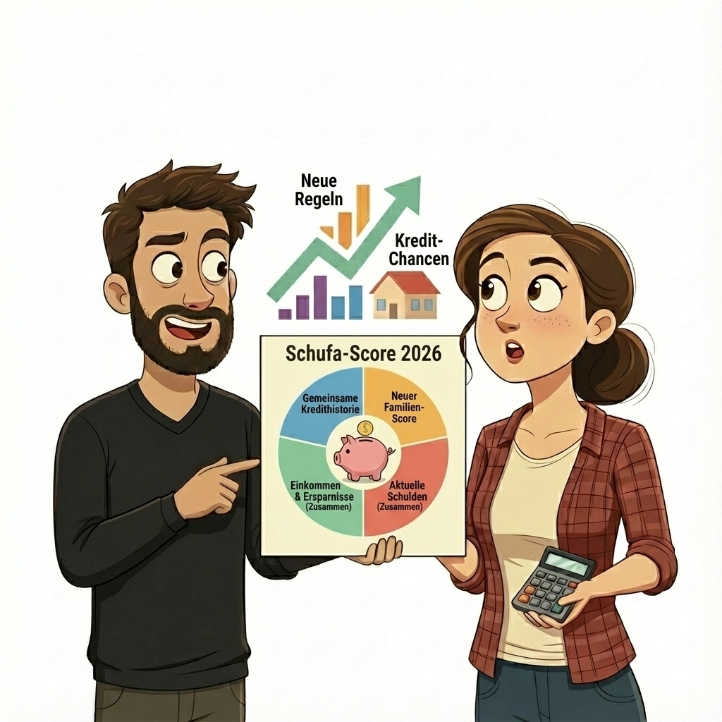 Paar bespricht gemeinsame Kreditwürdigkeit und Schufa Reform 2026 mit Finanzdiagrammen