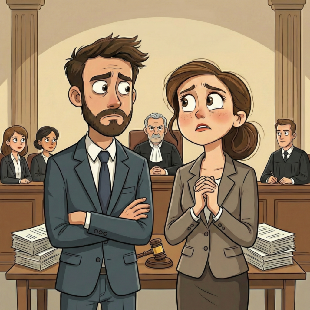 Illustration eines besorgten Ehepaars im Gerichtssaal, das über einem Stapel Rechnungen und Schulden brütet.